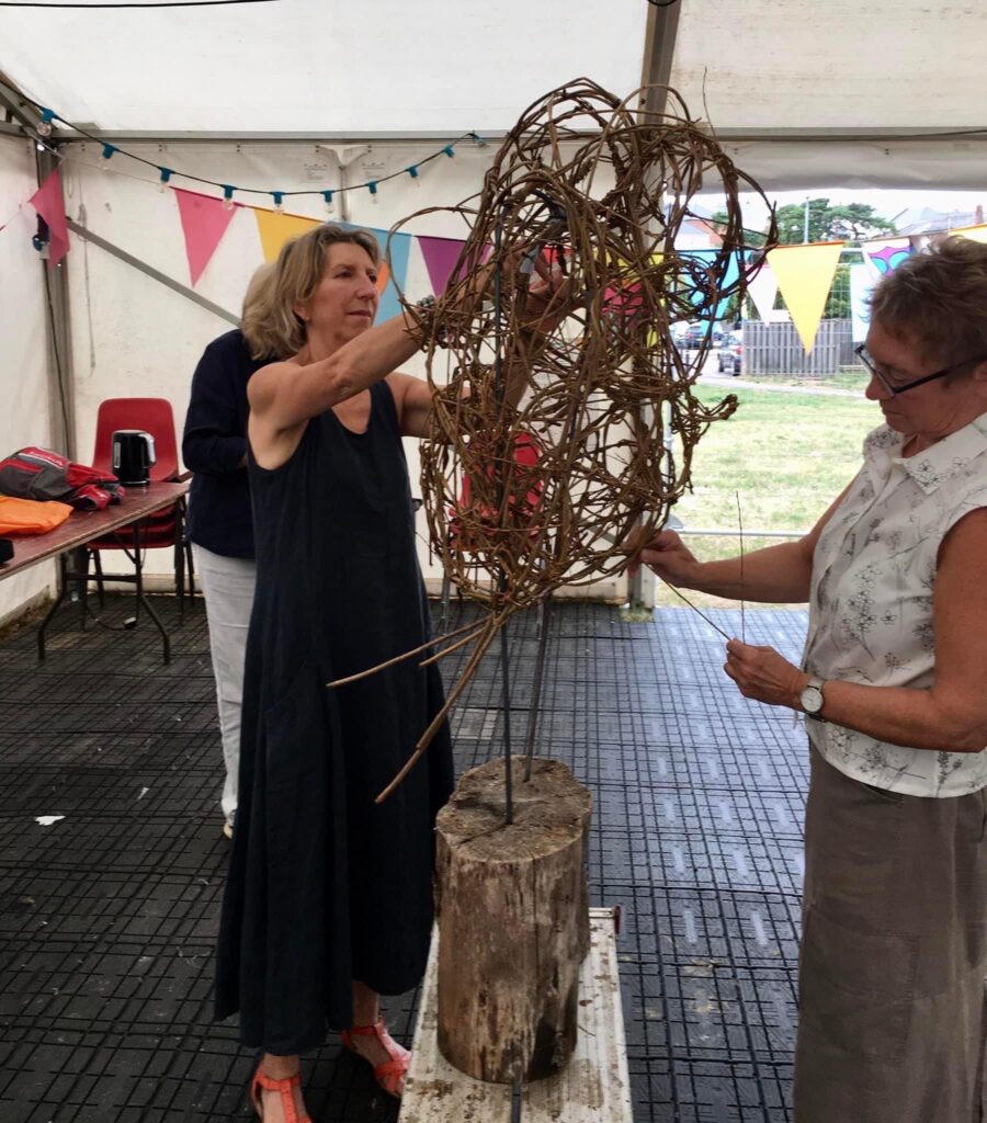 Weird Sticks community owl sculpture in progress as part of the Crediton Heart Project