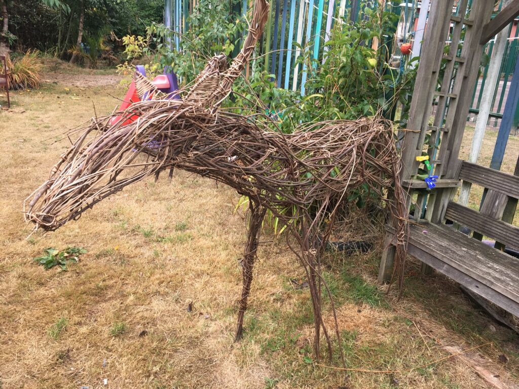 Partially finished willow stag donated to Weird Sticks to complete with the children of Brixham