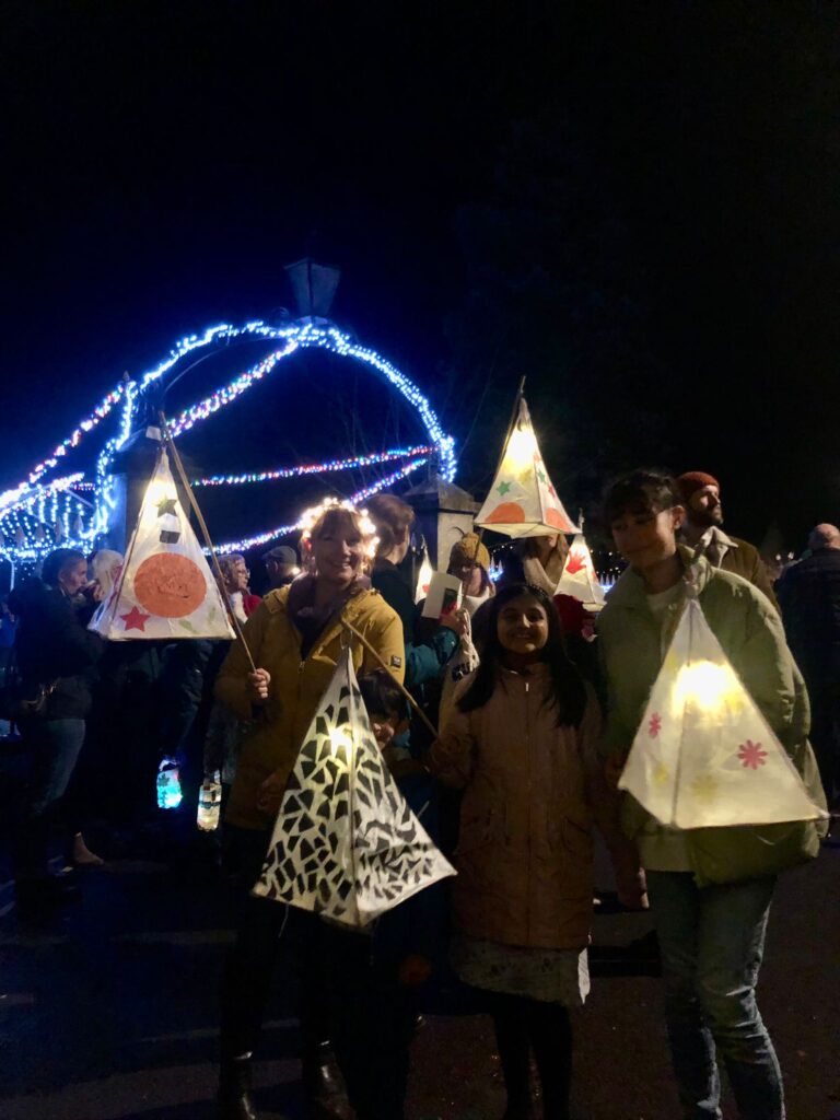 Glowing lanterns made by Weird Sticks for the Cullompton Christmas Lantern Parade