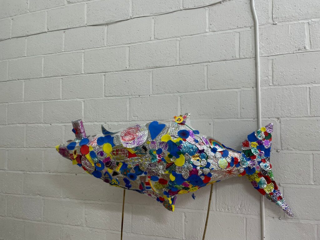 Giant fish parade puppet created with Weird Sticks at Play Torbay