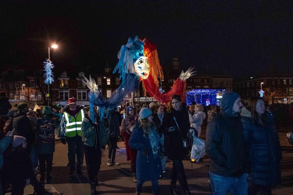 Illuminated Fire & Ice lantern puppet created by Weird Sticks for Exmouth Winter Festival