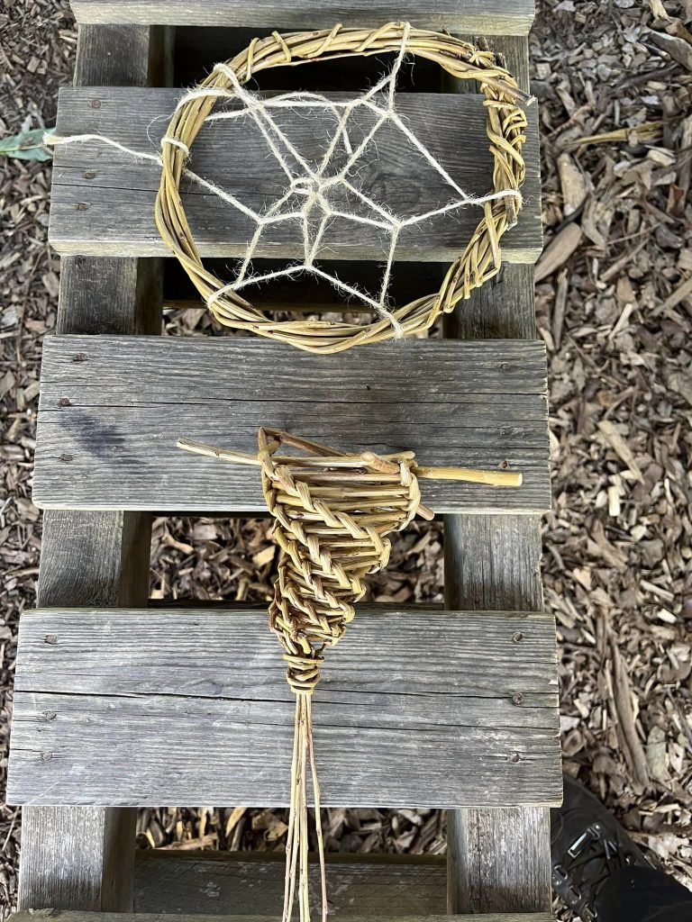 Willow dream catcher and bird feeder created with Weird Sticks at Orchard Forest School 