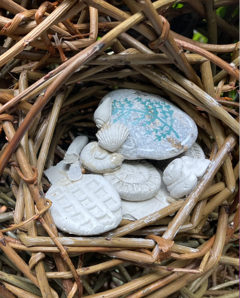 Clay fossils created by children at Play Torbay during Weird Sticks workshops for the Geopark Gateway