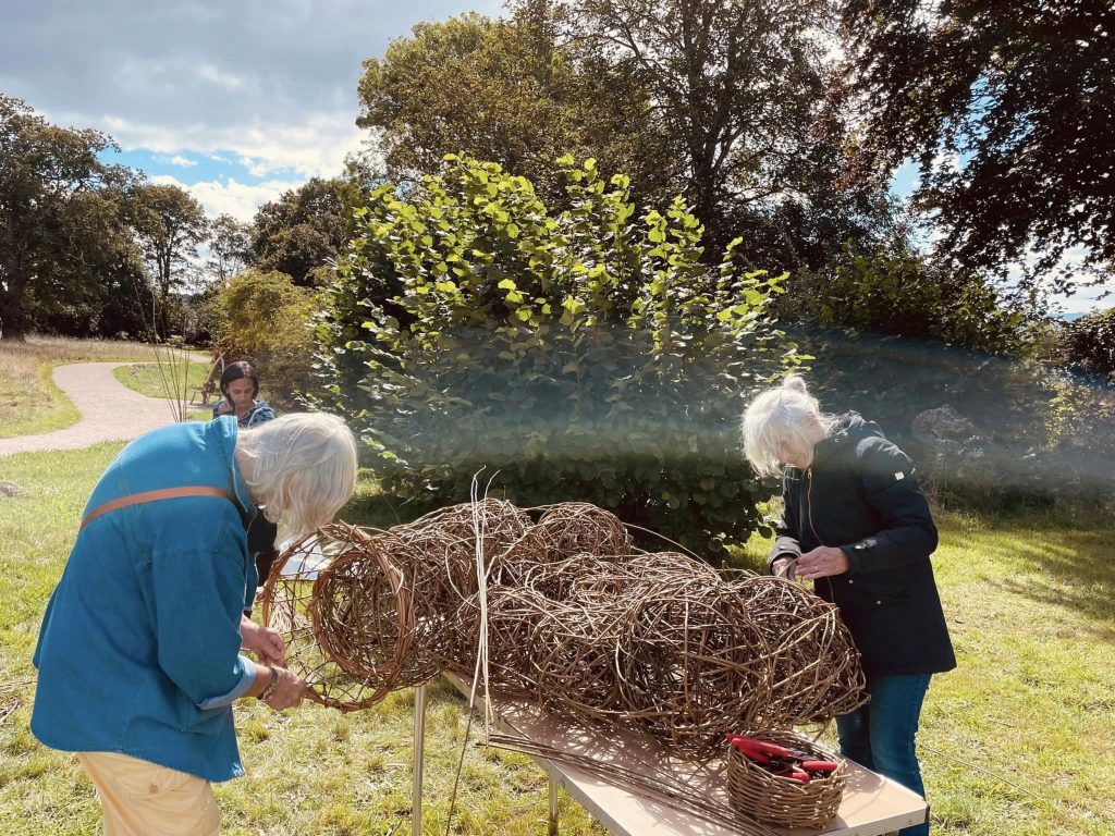 Participants weaving community ammonite sculpture created with Weird Sticks at A La Ronde