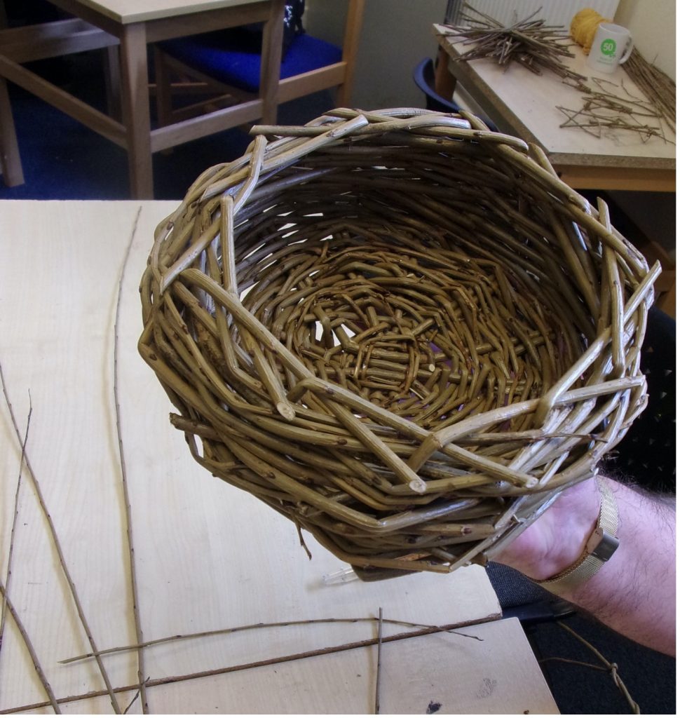 Willow baskets created by participant at HMP Channings Wood during a Weird Sticks workshop as part of the Open Door Project
