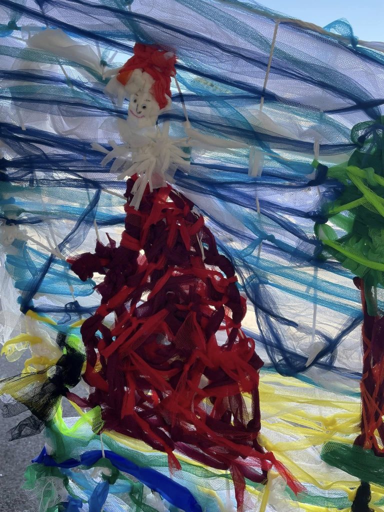 Close up image of 'Woven in Time' artwork created by Weird Sticks at Exeter Quay